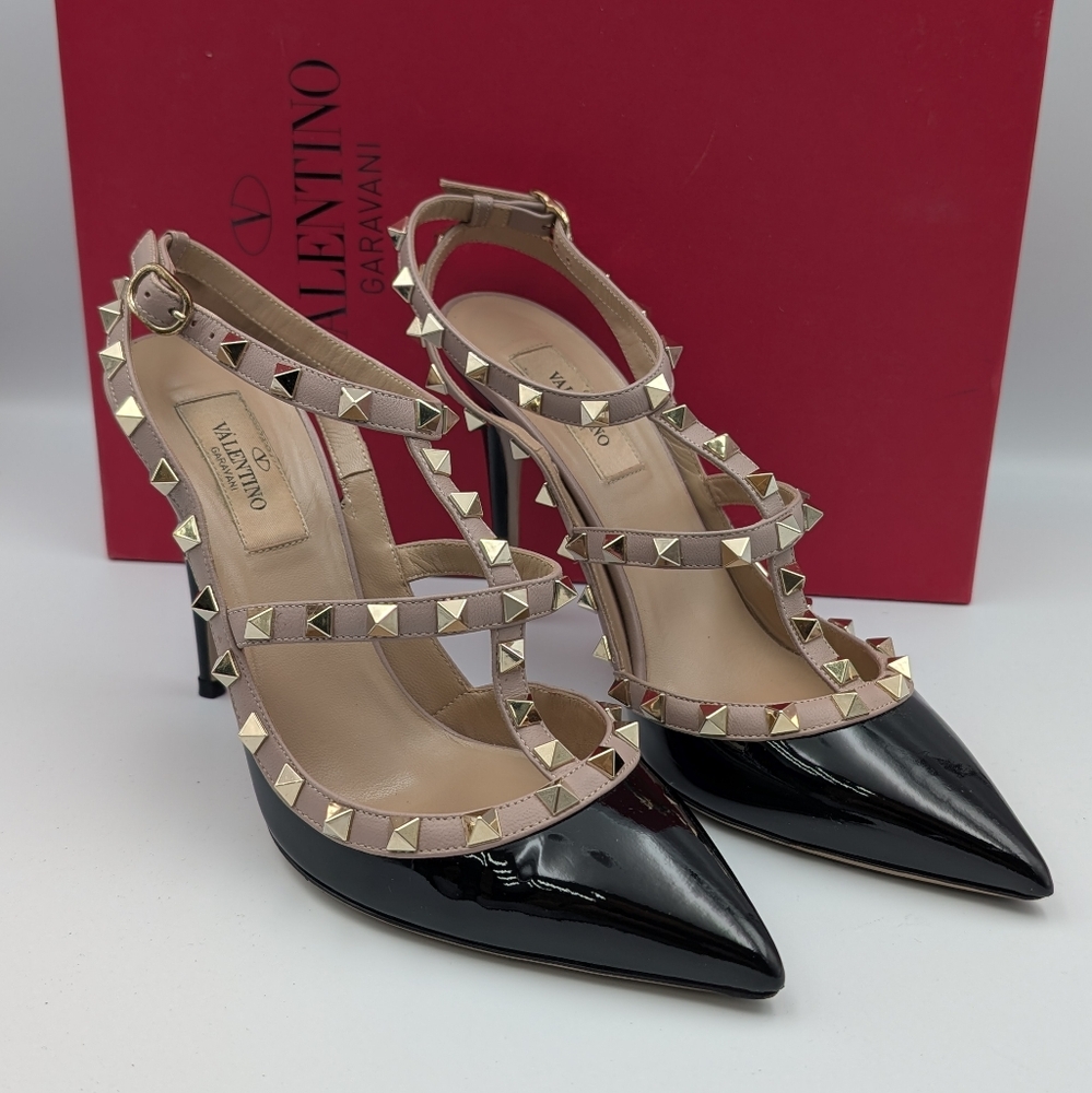 Valentino Rockstud Black Patent Leather Pointed-Toe Heels.